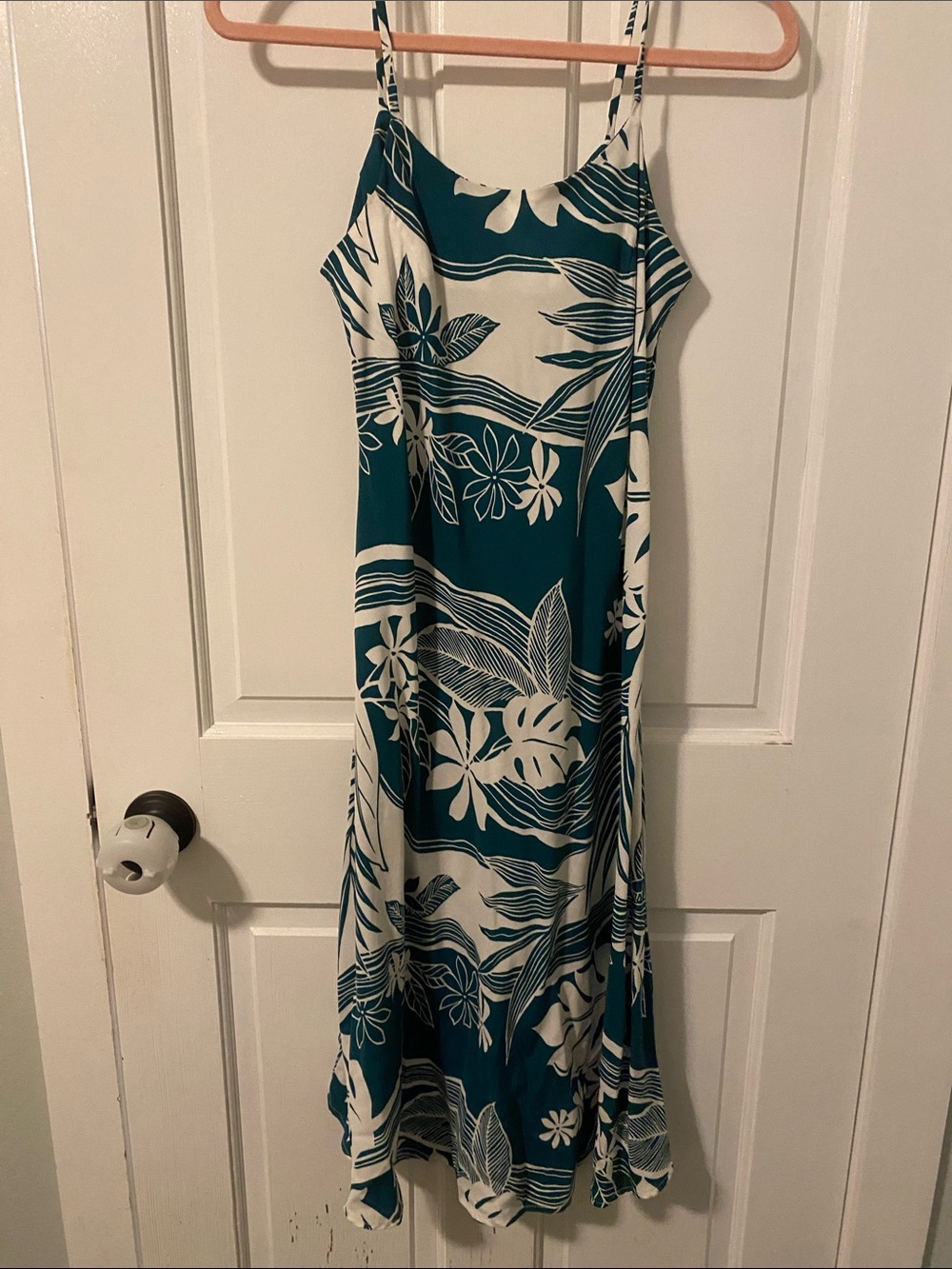 Teal and White Floral midi Slip Dress with Spaghetti Straps